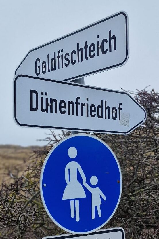 Schild für Fußgängerweg, Schild für Goldfischteich, Schild für Dünenfriedhof