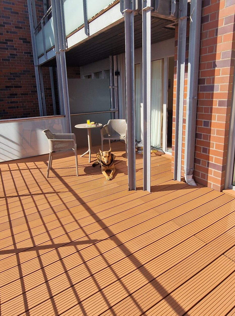 große Terrasse mit Tisch und Stühlen, auf dem Tisch ein Buch, ein Glas, darunter liegt ein Mischlingshund in der Sonne