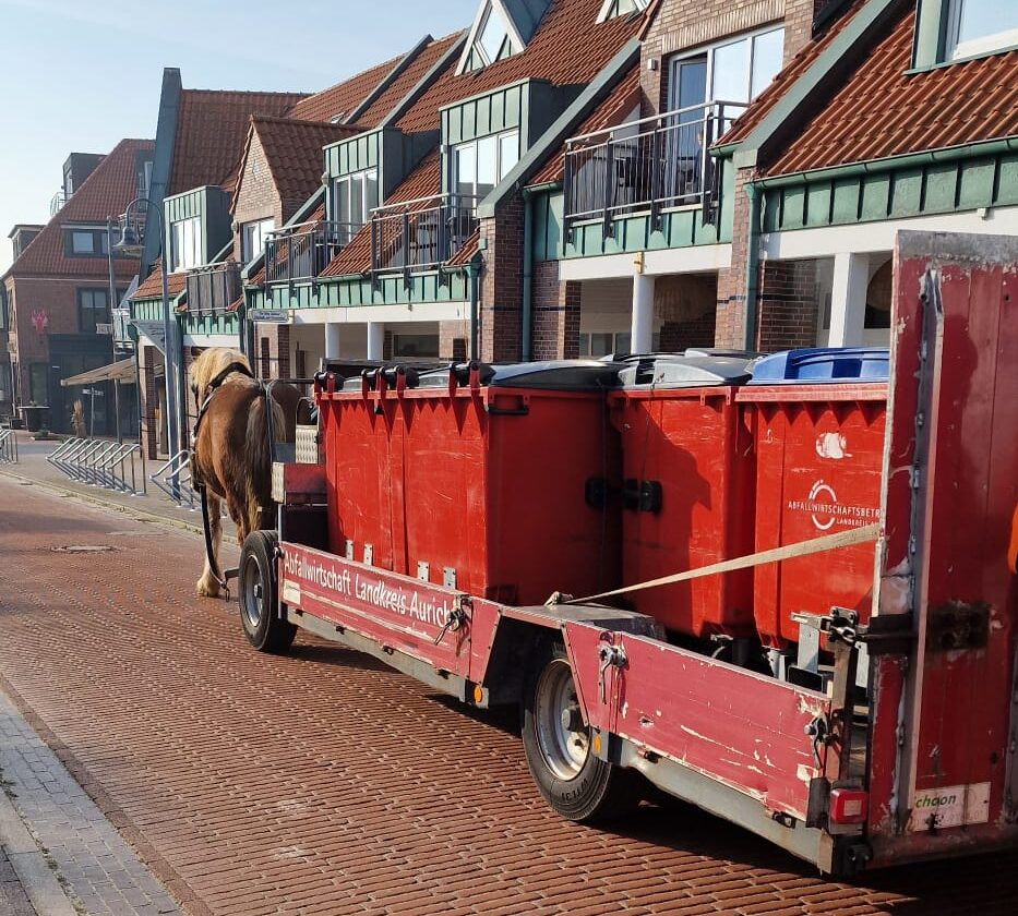 Pferdefuhrwerk am Straßenrand mit Mülltonnen auf dem Hänger